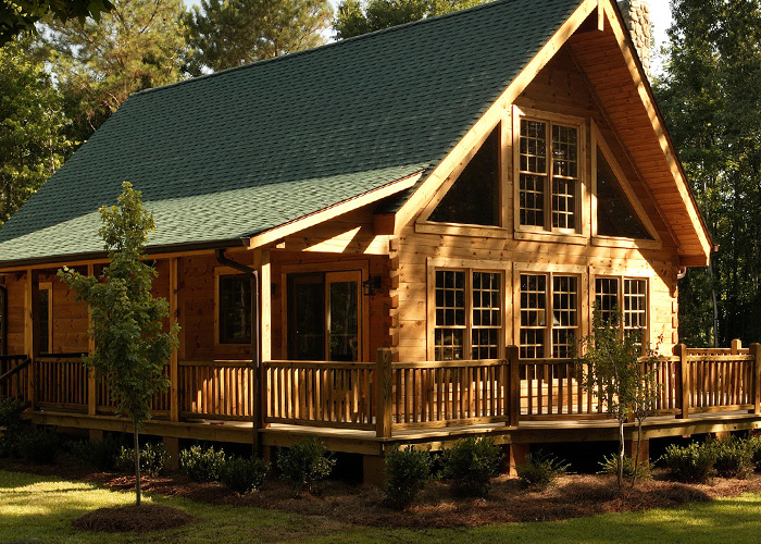 Exterior photo of a log cabin style modular home