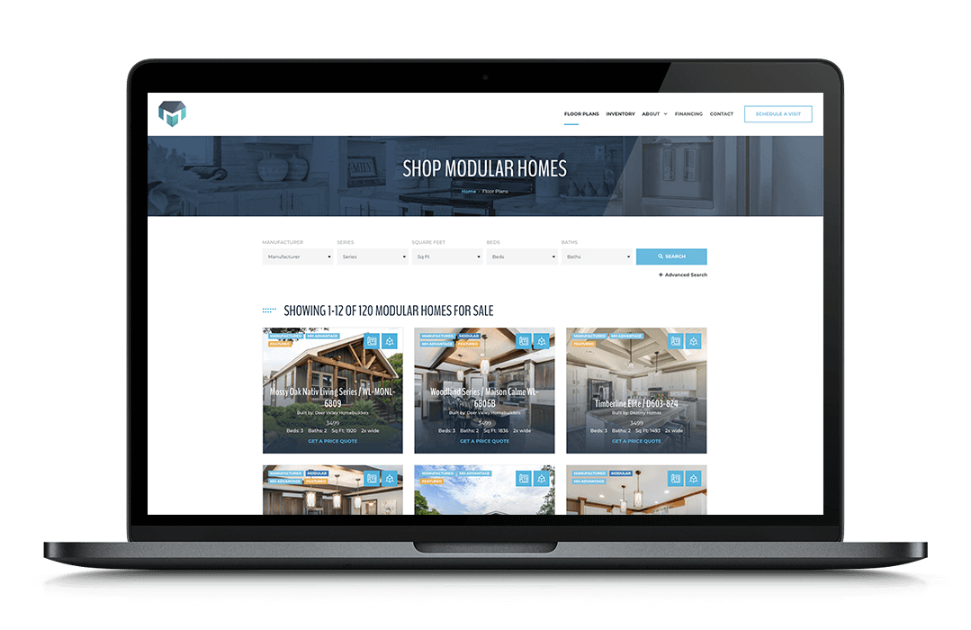 Mockup of a modular home retailer's website on a laptop screen
